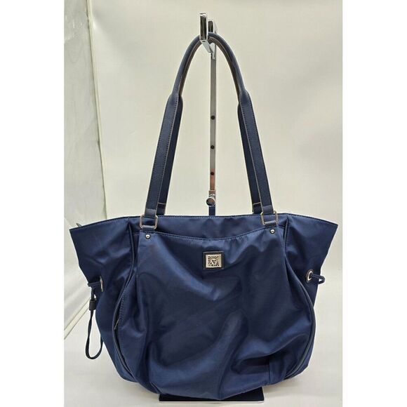 Large Anne  Klein Navy Tote Bag With Double Handles & Drawstring Accents - Picture 1 of 9